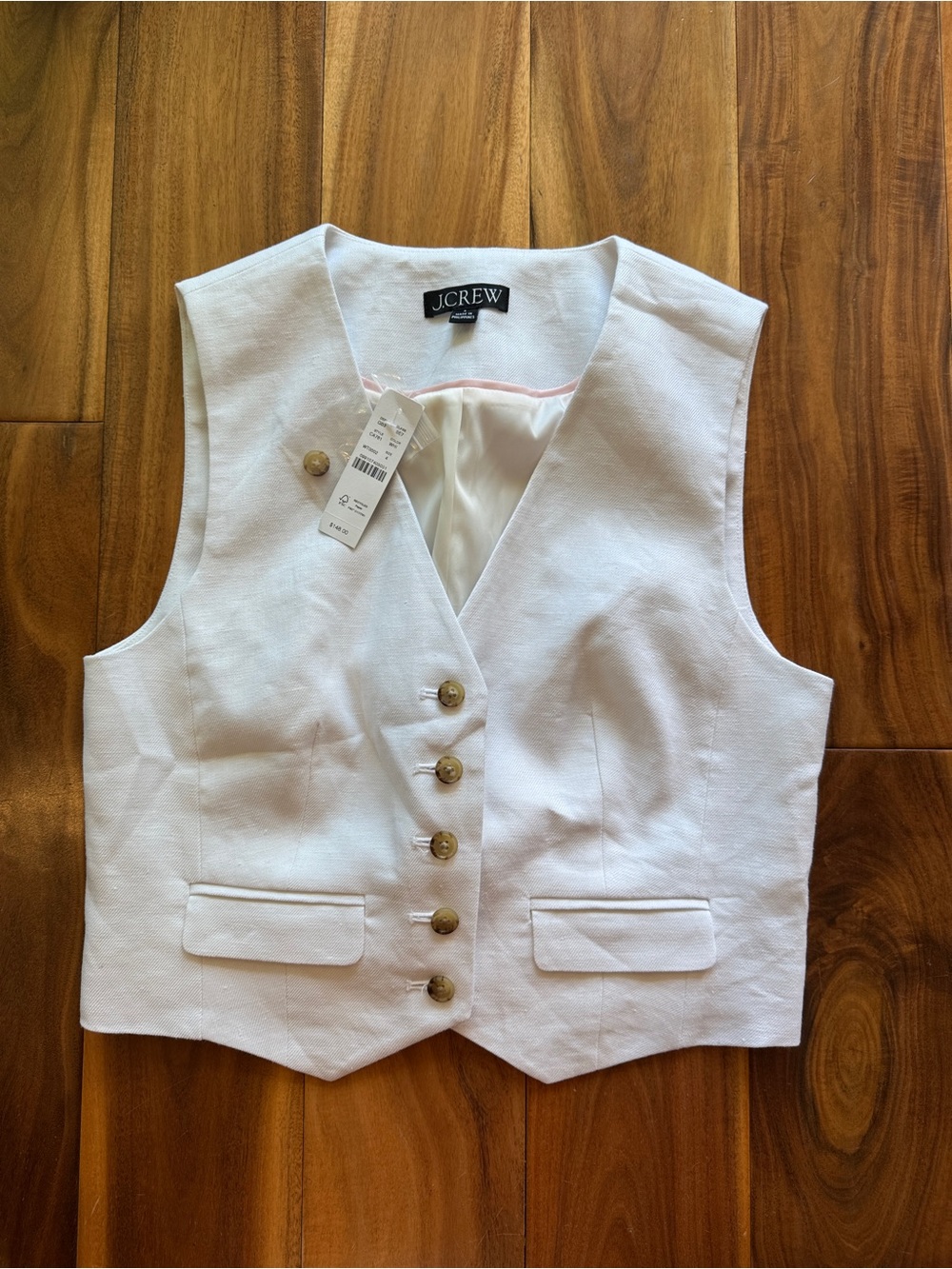 J. Crew White Sleeveless Button Vest with Pink Trim